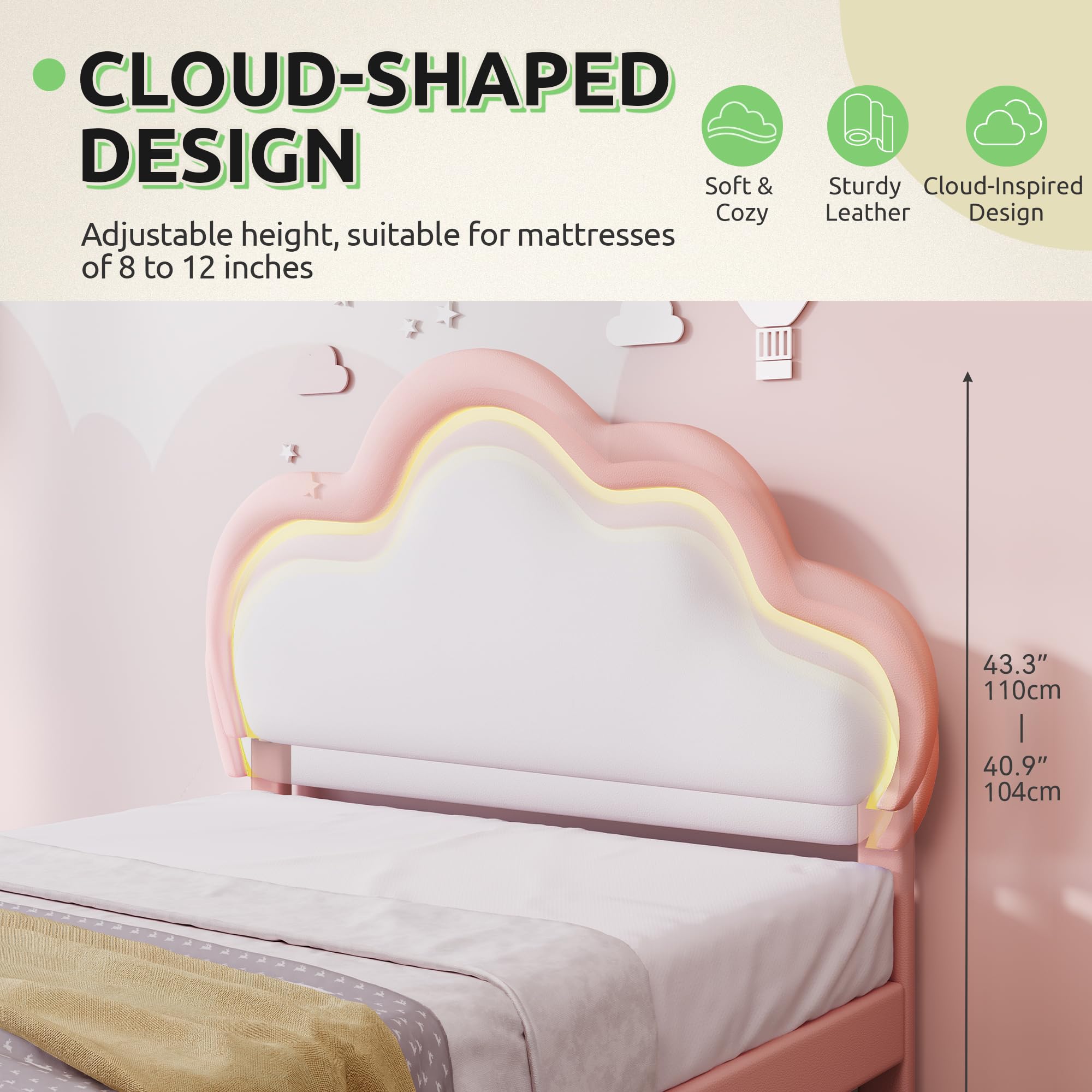 Twin LED Platform Bed with Cloud Headboard - Pink Upholstered