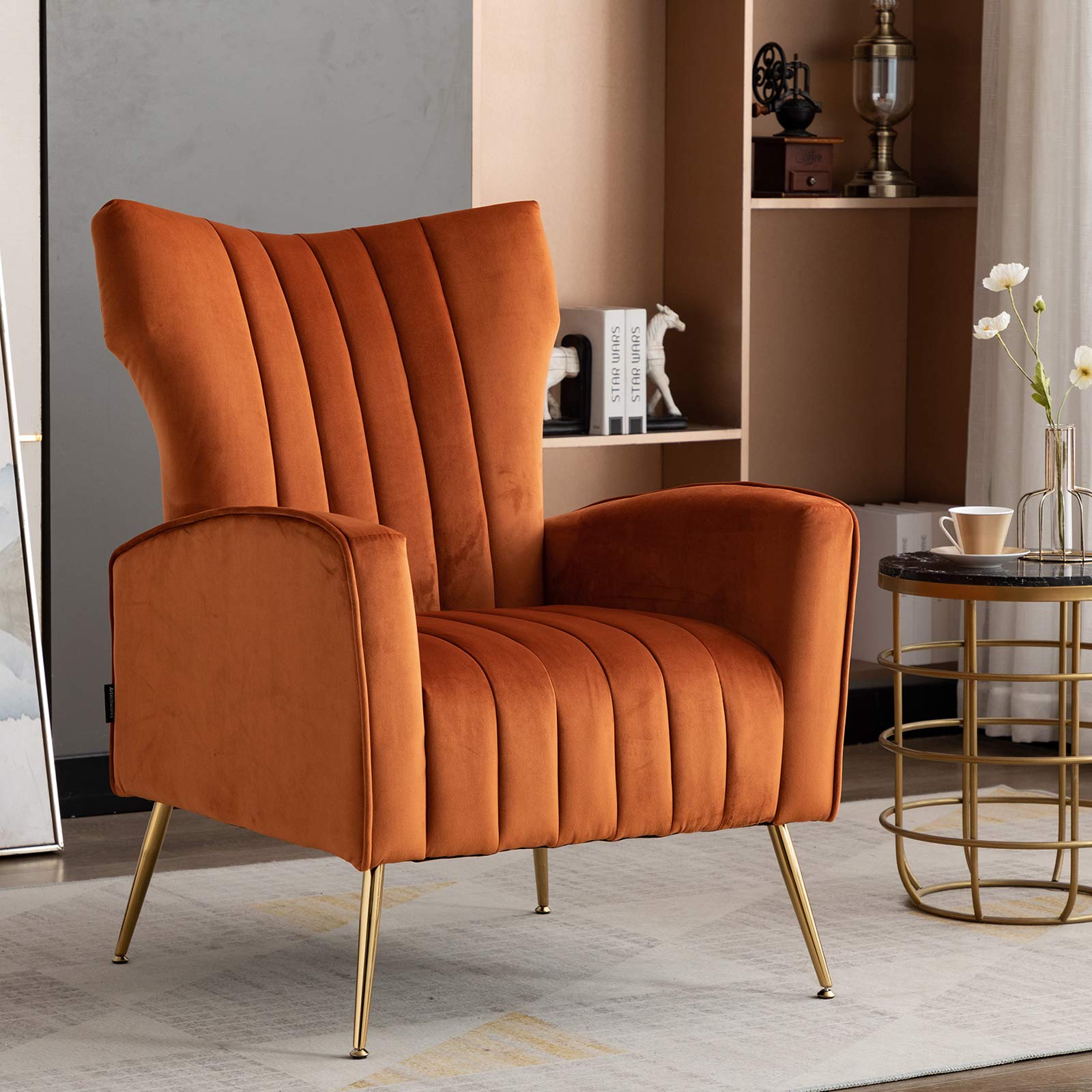 Accent Chair with Metal Gold Legs Velvet Upholstered Arm Club Leisure Modern Chair for Living Room Bedroom Patio, Caramel Color,