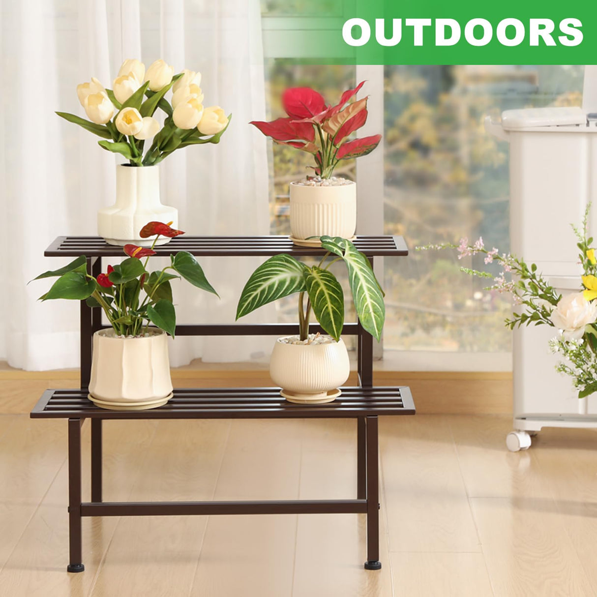 Dipion Metal Plant Stand Outdoor Plant Shelf Indoor,2 Tier Heavy Duty Ladder Plant Stands for Multiple Plants,26" L x 20.25" H x 17.75" W,Coffee