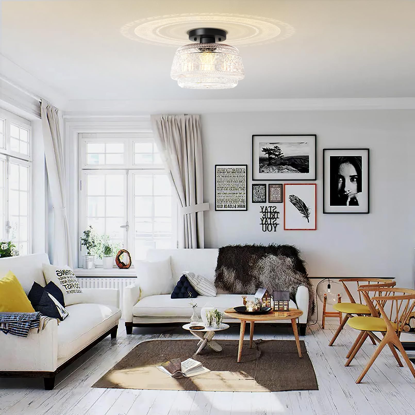 Semi Flush Mount Ceiling Light, Globe Glass Ceiling Light Fixture, Black Close to Ceiling