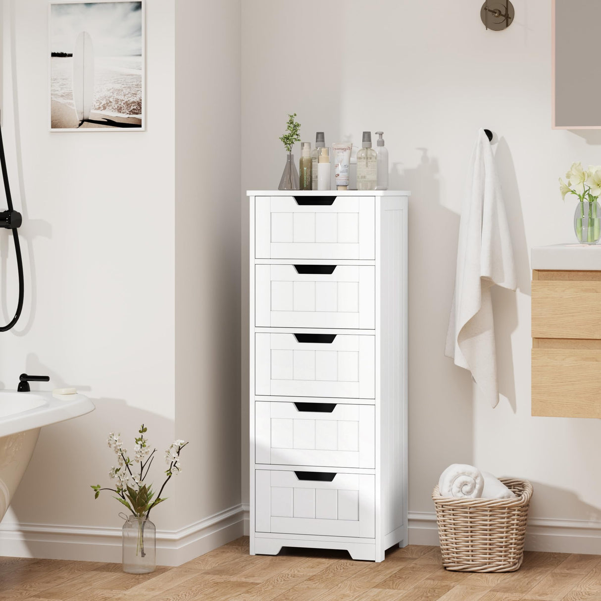 Bathroom Floor Cabinet, Free-Standing Storage Cabinet with 5 Drawers