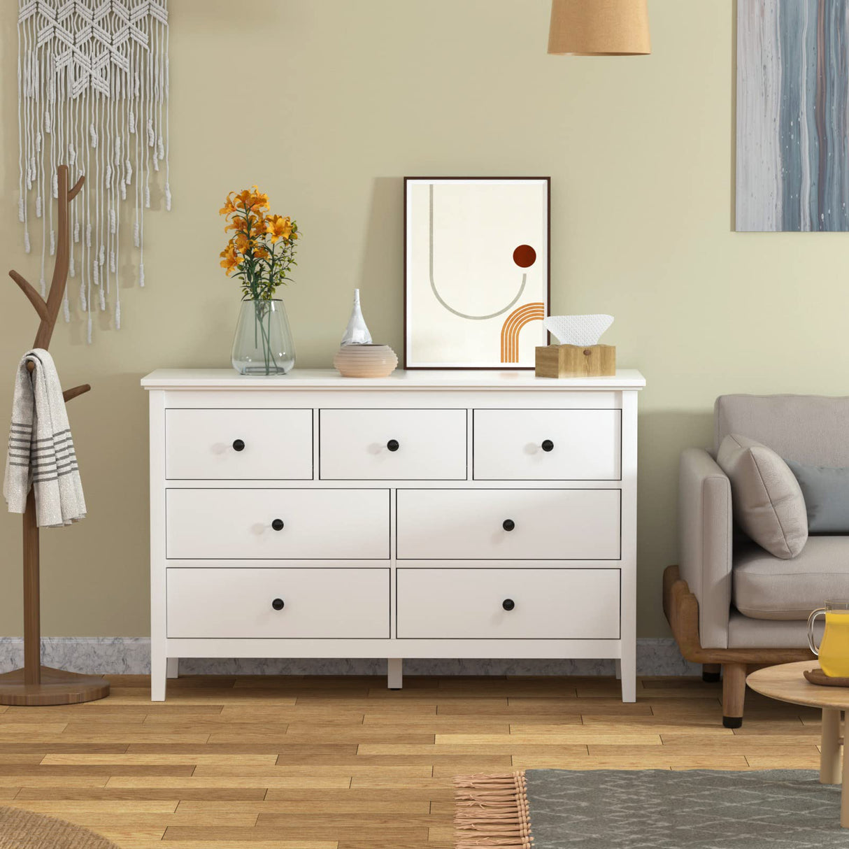 CARPETNAL White dresser, Modern Dresser for Bedroom, 7 Drawer Double Dresser with Wide Drawer and Metal Handles, Wood Dressers & Chests of Drawers for Hallway, Entryway.