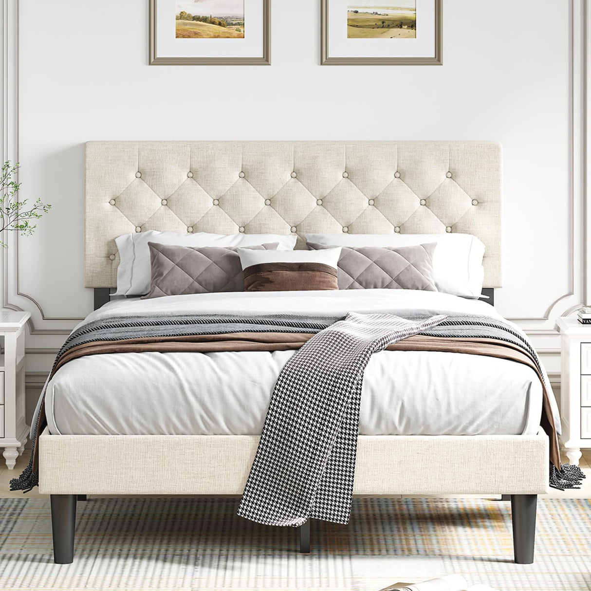 Upholstered Bed Frame Queen, Linen Platform Bed with Button Tufted Headboard