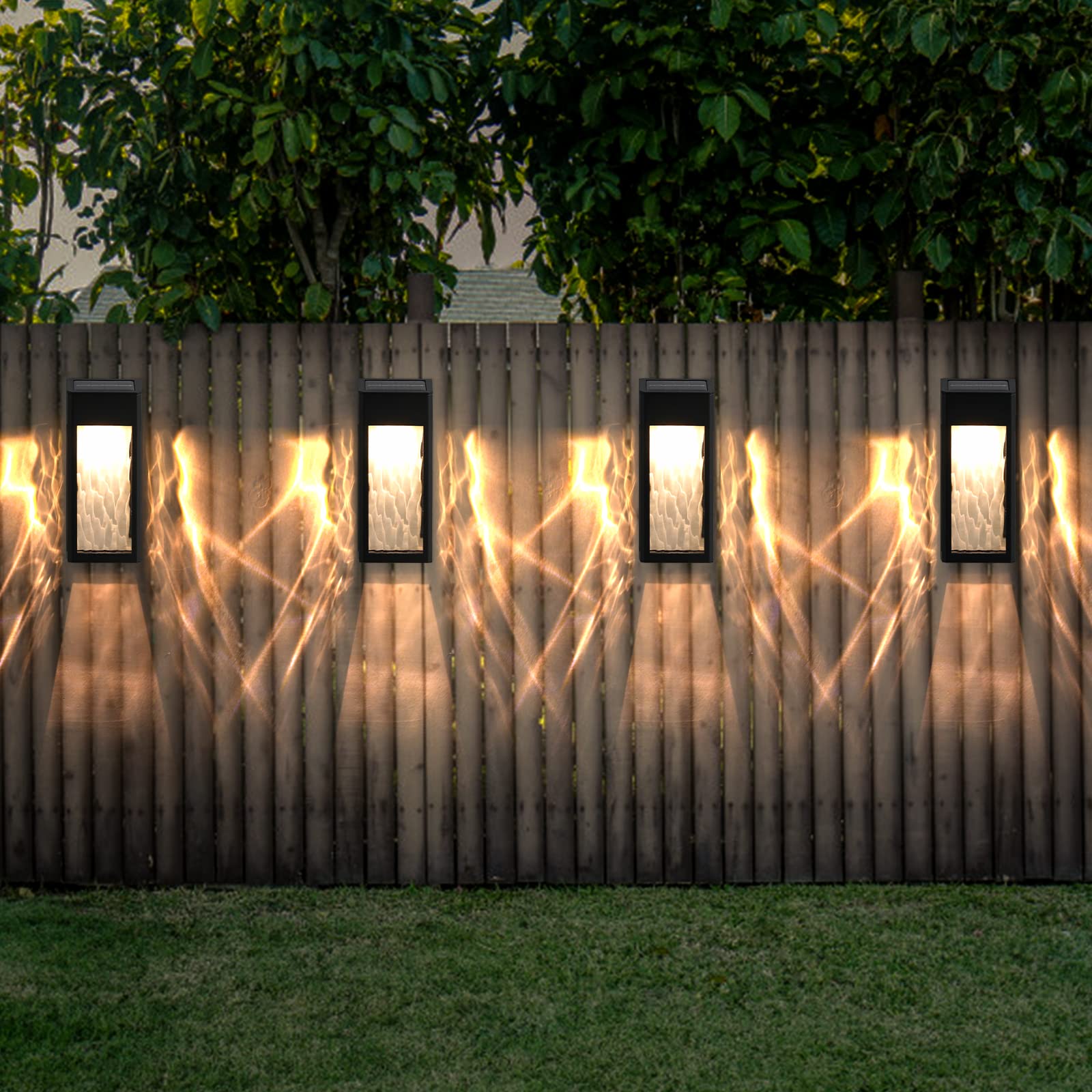 Metal Solar Lights Outdoor, 4 Pack Textured Glass Solar Fence Lights, Wall Lighting Outdoor