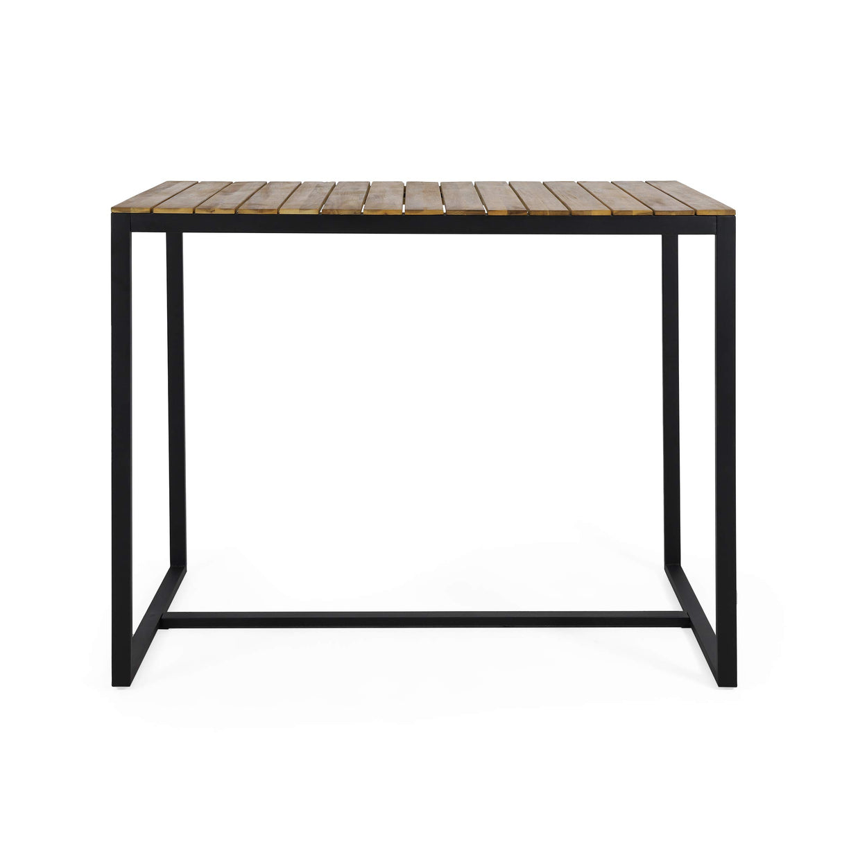 Frieda Outdoor Modern Industrial Acacia Wood Bar Table, Teak Finish + Black