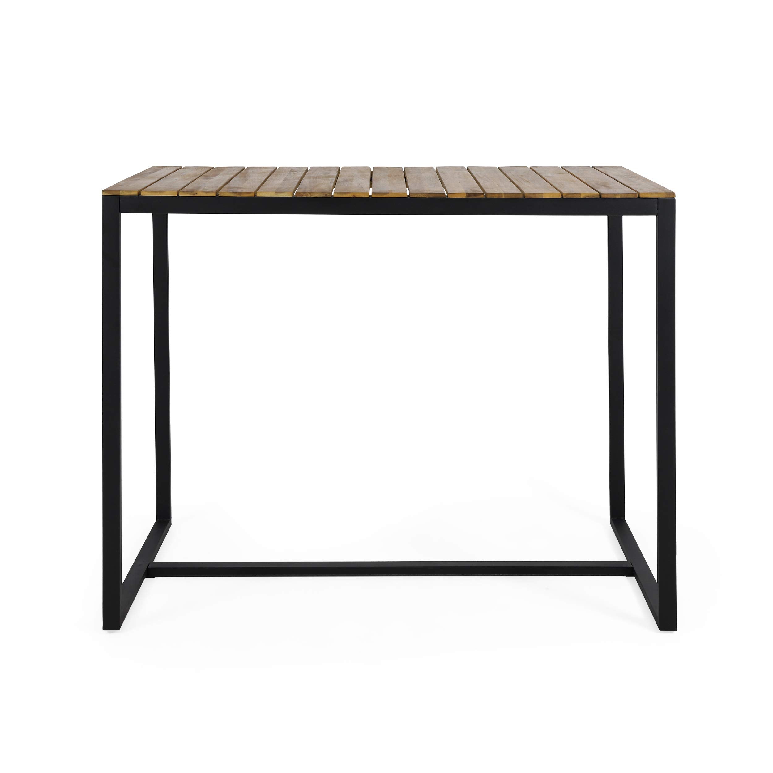 Frieda Outdoor Modern Industrial Acacia Wood Bar Table, Teak Finish + Black
