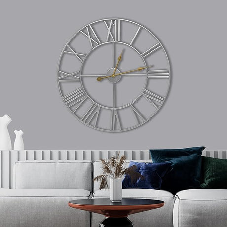 Large Wall Clock for Living Room Decor, (40CM) 16 Inch Wall Clock Decorative, Metal Analog Roman Numeral Wall Clock Modern Wall Clocks - Large Clock Home Decor (Silver)