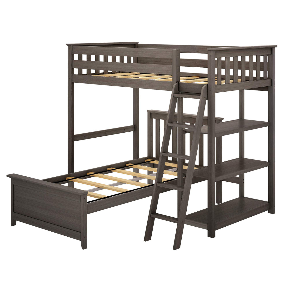 L Shape Twin over Full Bunk Bed with Bookcase, Grey