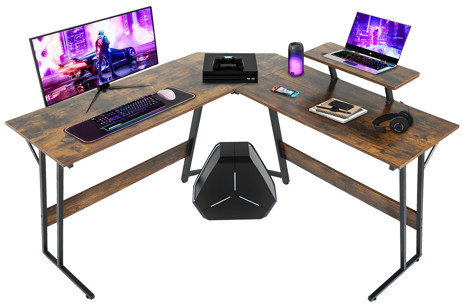 L Shaped Gaming Desk, Computer Corner Desk with Monitor Riser Stand