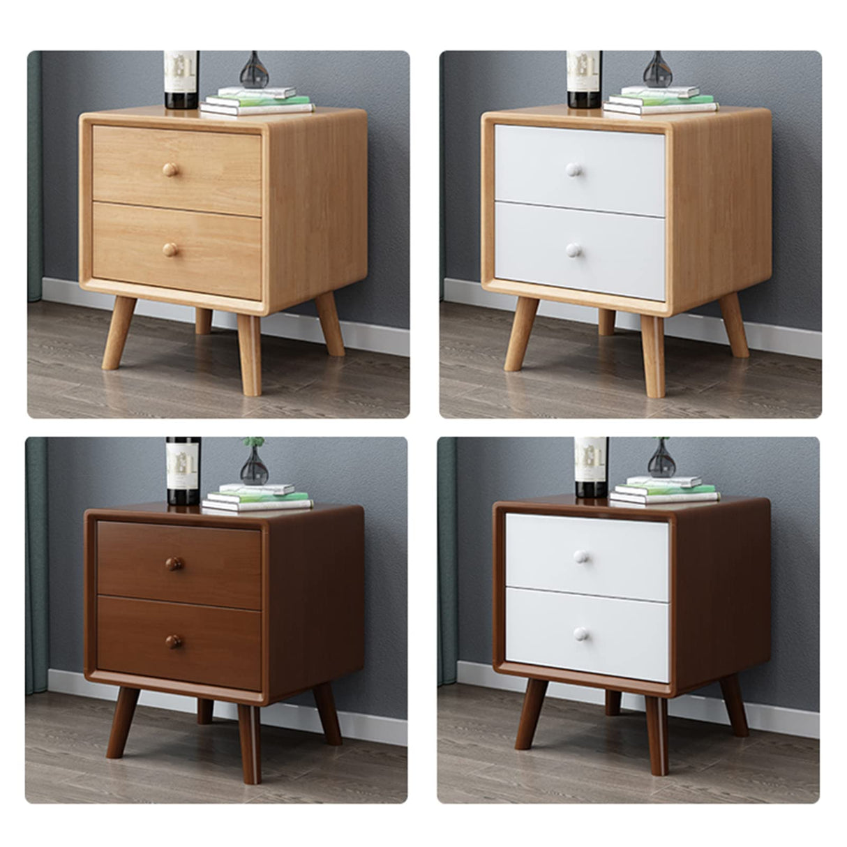 Creative Bedside Table Bedroom Drawer Style Storage Cabinet 2 Layers Solid Wood