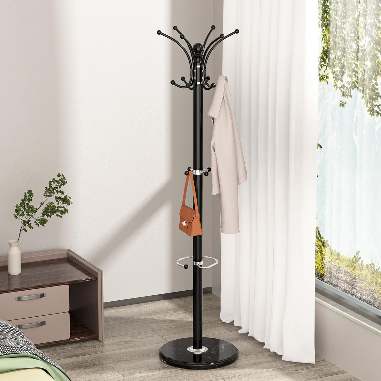 Coat Rack Freestanding with Marble Base, Heavy Duty Clothes Tree with Hooks