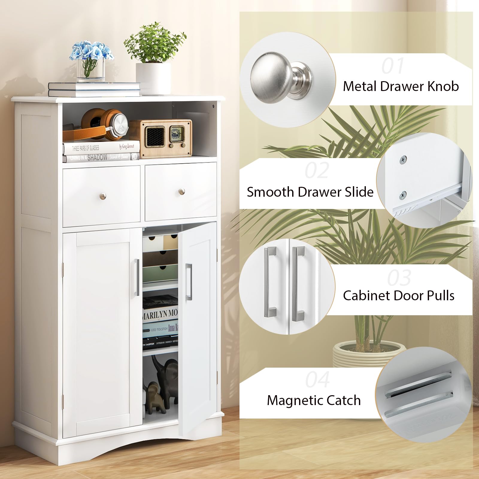 Bathroom Floor Storage Cabinet - Freestanding Storage Cabinet with 2 Doors, 2 Drawers