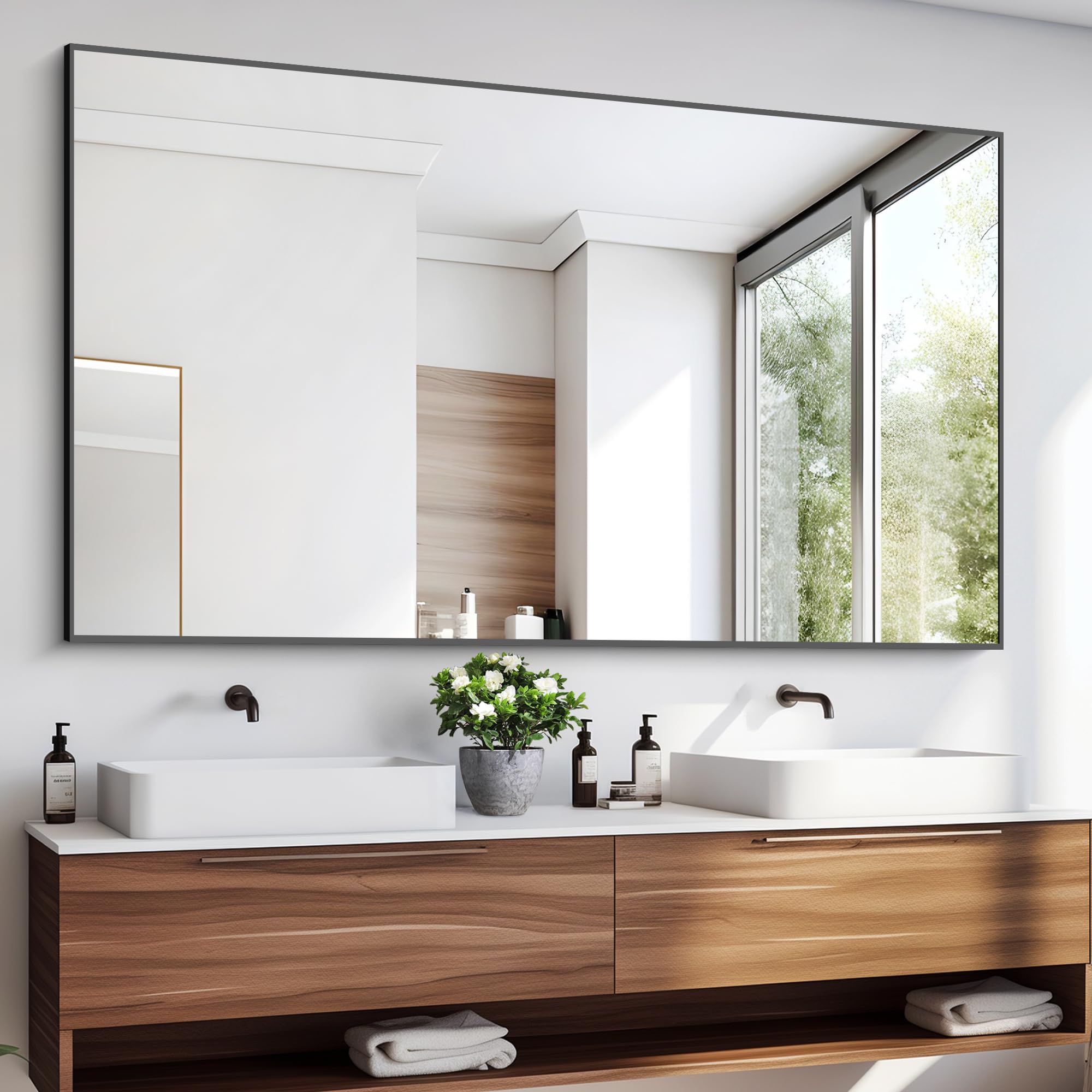 Black Wall Mounted Mirror, Decorative Rectangular Bathroom Mirror