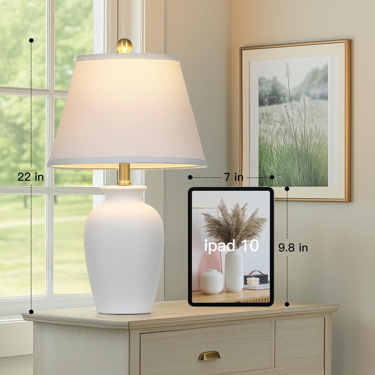 Cinkeda 22" White Ceramic Modern Table Lamp with Ginger Jar Design - for Living Room,Dining Room,Bedroom,Office,Nightstand,End Table