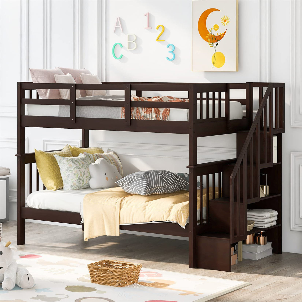 Twin Over Twin Bunk Bed with Storage Shelves Wood Bed Frame for Kids Boys Girls Teens