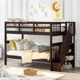 Twin Over Twin Bunk Bed with Storage Shelves Wood Bed Frame for Kids Boys Girls Teens