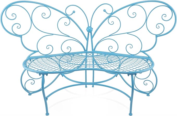 62" L Indoor/Outdoor 2 Person Metal Butterfly Shaped Garden Bench, Blue