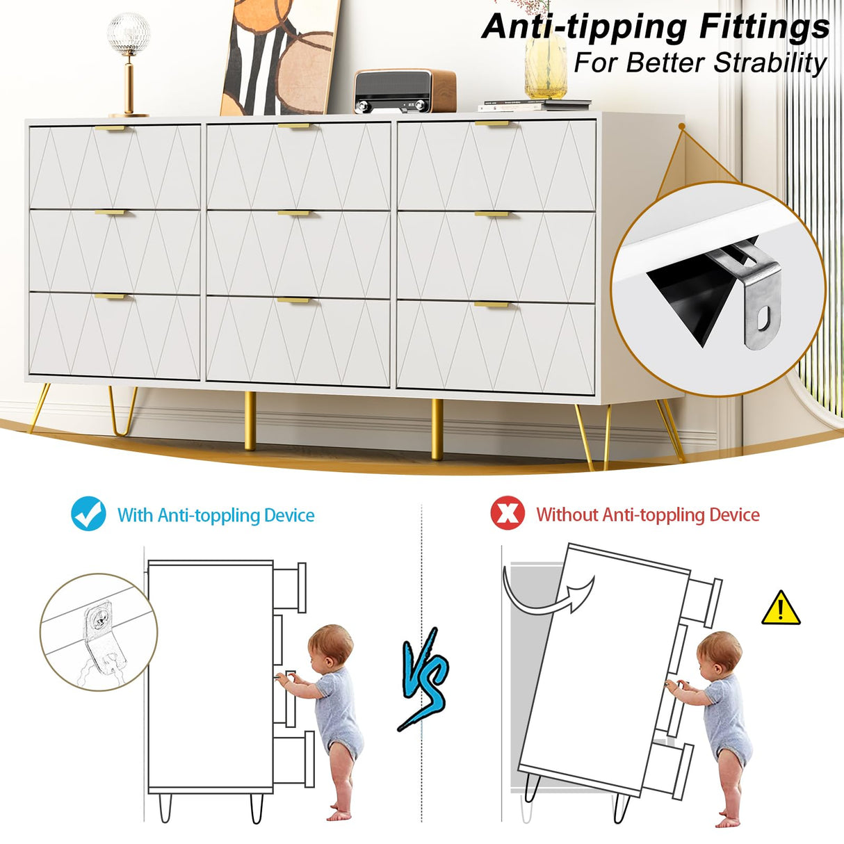 9 Drawer Dresser and Night stand Sets for Bedroom, Two Drawers Nightstand Set of 2