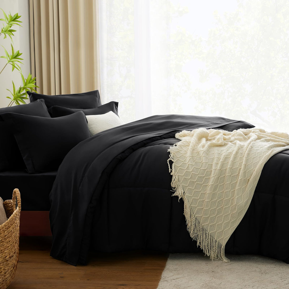 Queen Comforter Set - 7 Pieces Bed in a Bag Set Black Queen, Complete Bedding Sets