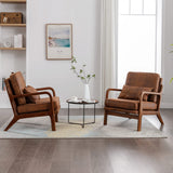 Modern Accent Chair Set of 2 Living Room- Comfy Solid Wood Arm Chair with Lumber Pillow Lounge Decorative Brown Leather Office Side Chair Bedroom Reading Nook Sillas De Sala Microfiber