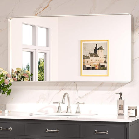 Black Bathroom Mirrors for Over Sink, 42 x 20 Inch Rounded Rectangle Bathroom