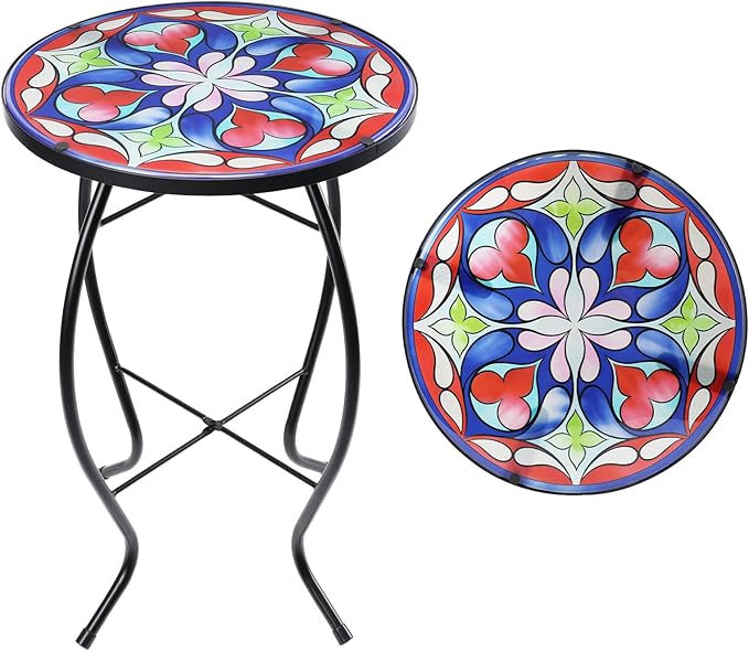 Outdoor Side Table - Small Mosaic Patio Table, 14” Round Accent End Coffee Table Glass