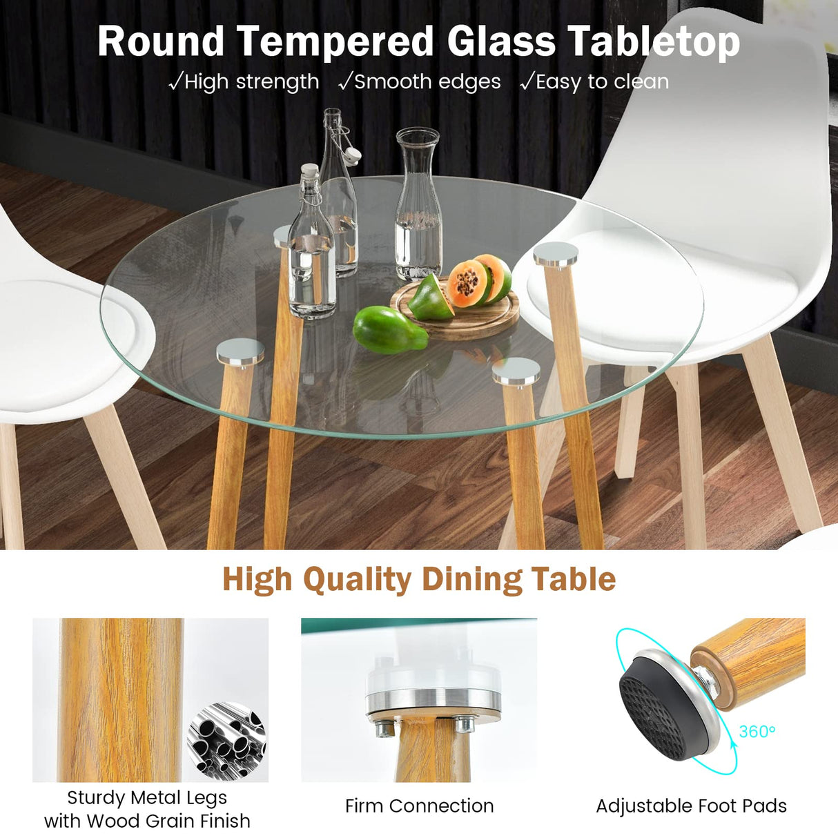 Dining Table Set for 4, Modern 5-Piece Dining Room Set w/ 1 Round Tempered Glass Table