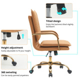 Leather Mid-Back Office Chair with Golden Legs - Camel