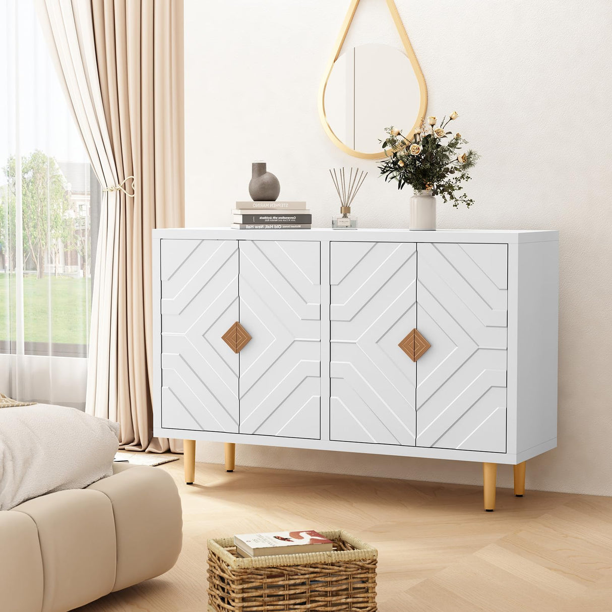 HLR 48" Buffet Cabinet with 4 Doors and Shelves, Modern Credenza Storage Cabinet with Embossed Pattern Doors, Storage Cabinet Sideboard for Living Room, Kitchen, Dining Room, Hallway