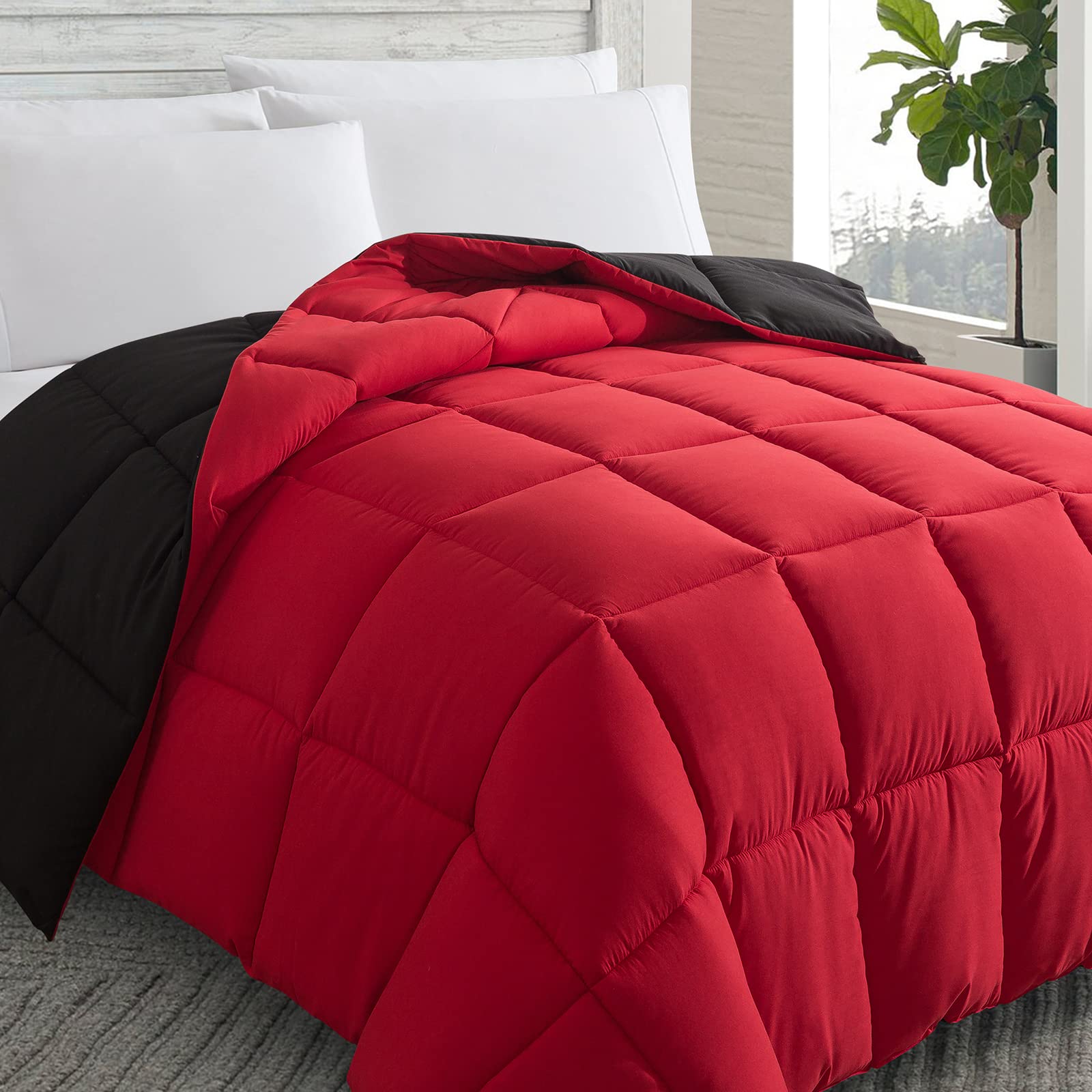 Down Alternative Comforter (Red/Black, Queen) - All Season Soft Quilted Queen Size Bed