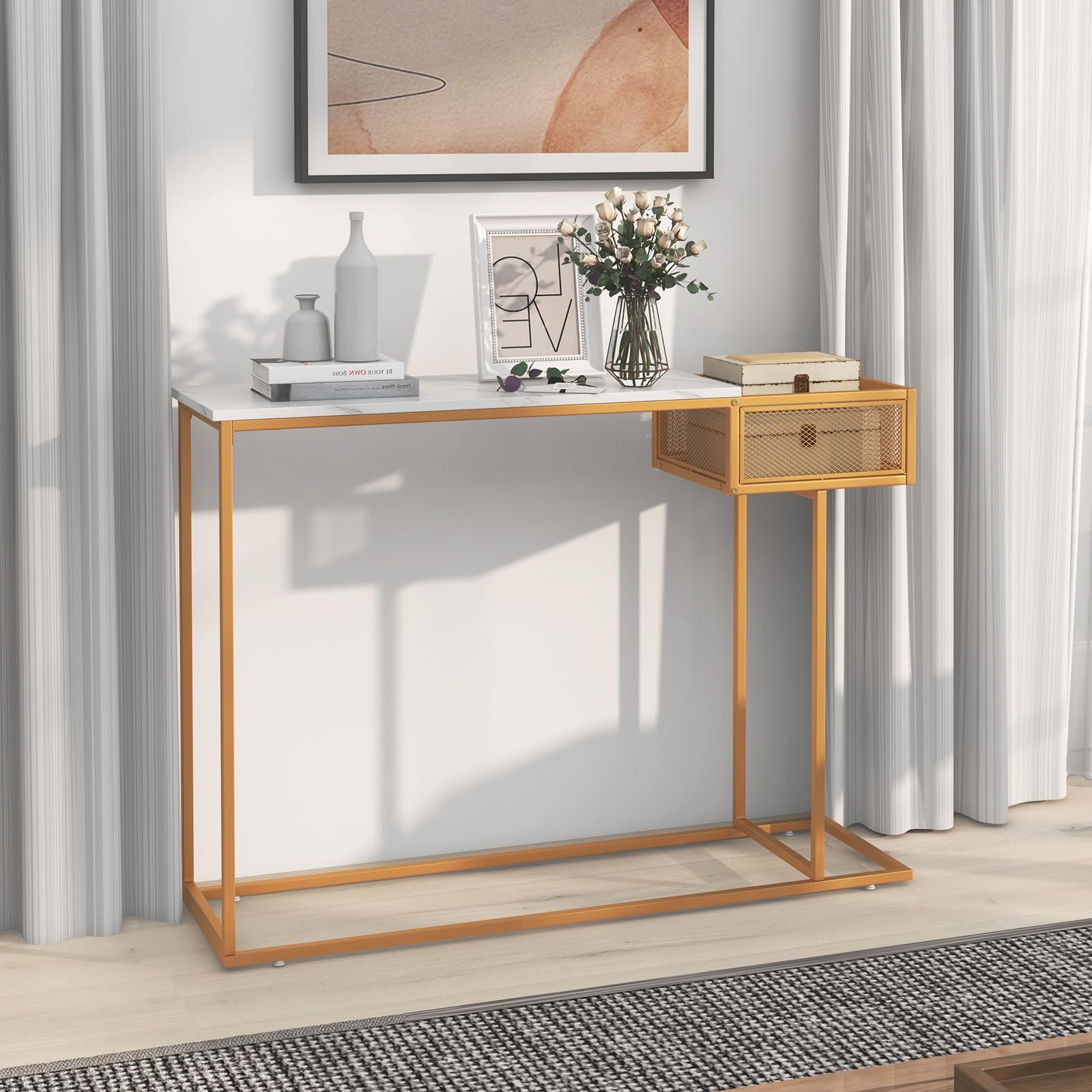 Console Table with Storage - Gold Sofa Table with Storage Basket, Sturdy Metal Frame,