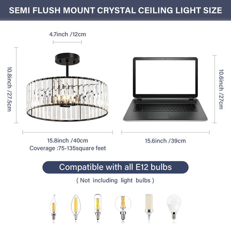 Modern Black Semi Flush Mount Ceiling Light Crystal 3-Light Light Fixture