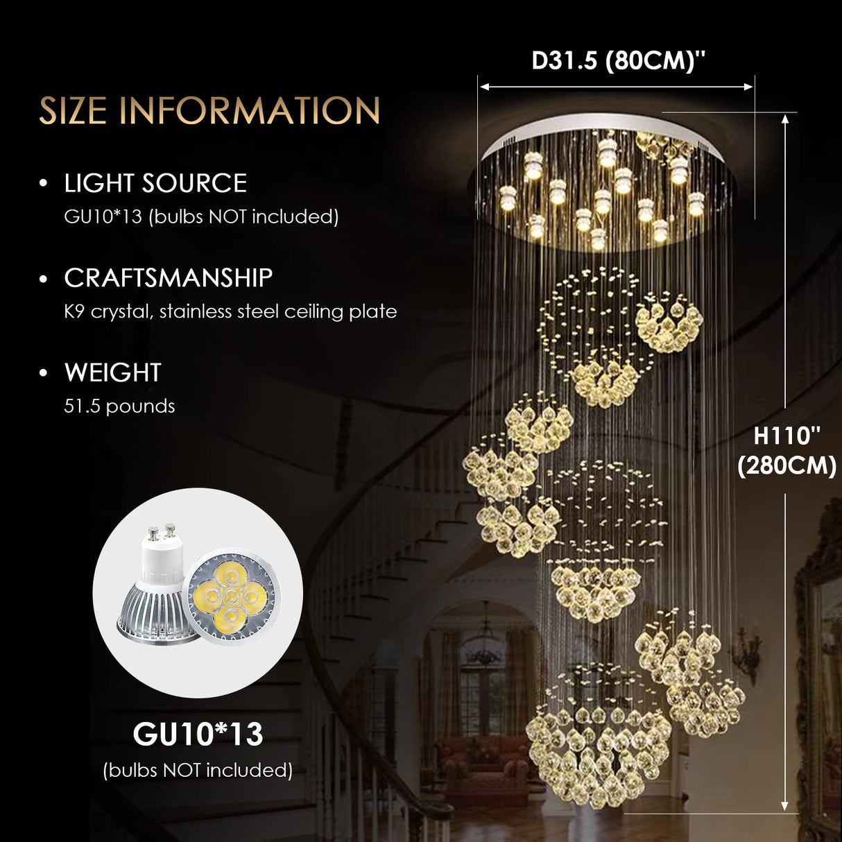 Modern Foyer Chandeliers for High Ceiling, Large Staircase Chandelier with Spiral Sphere