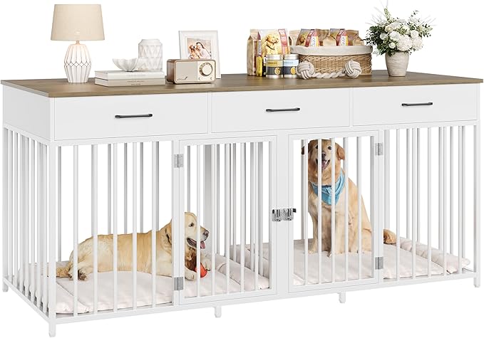 Double Dog Crate Furniture 71" Wide with 3 Drawers - Heavy Duty Wooden Kennel for 2 Large Dogs
