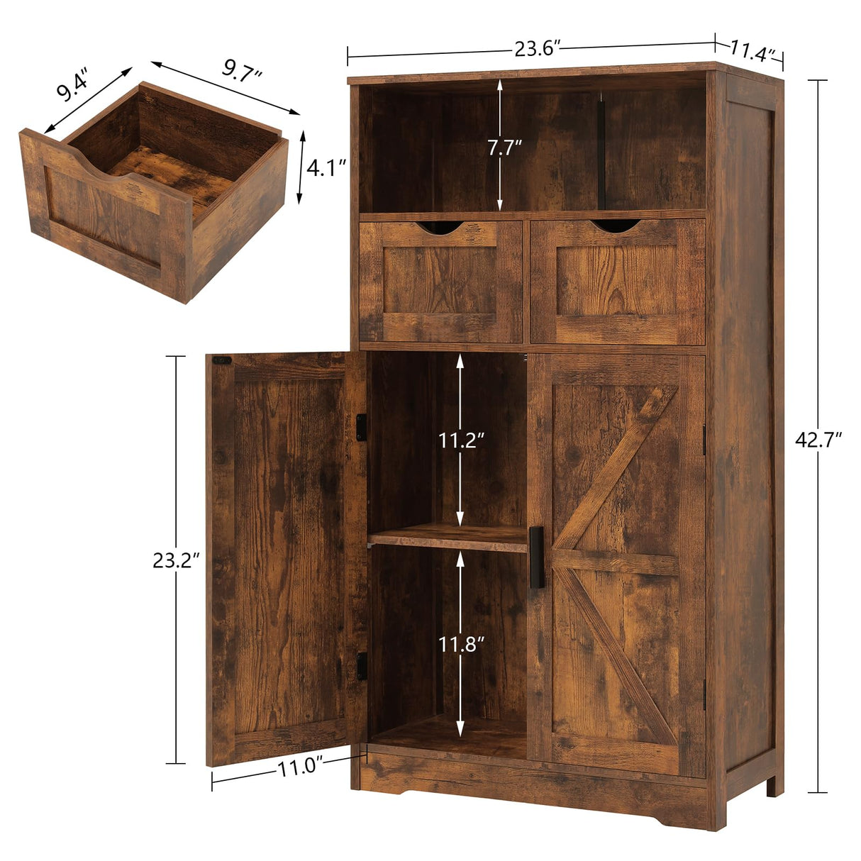 Floor Storage Cabinet with 2 Adjustable Drawers & 2 Barn Doors, Standing Cupboard