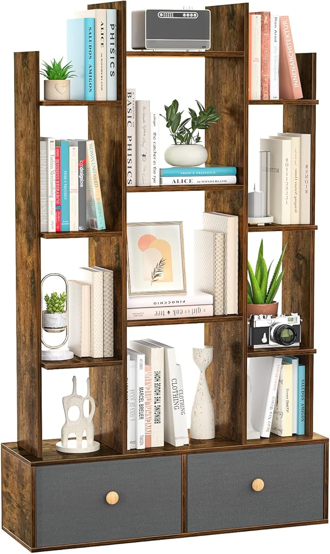 Bookshelf with 2 Drawers Free Standing Bookcase, Office Storage Shelf Organizer with 12