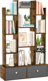 Bookshelf with 2 Drawers Free Standing Bookcase, Office Storage Shelf Organizer with 12