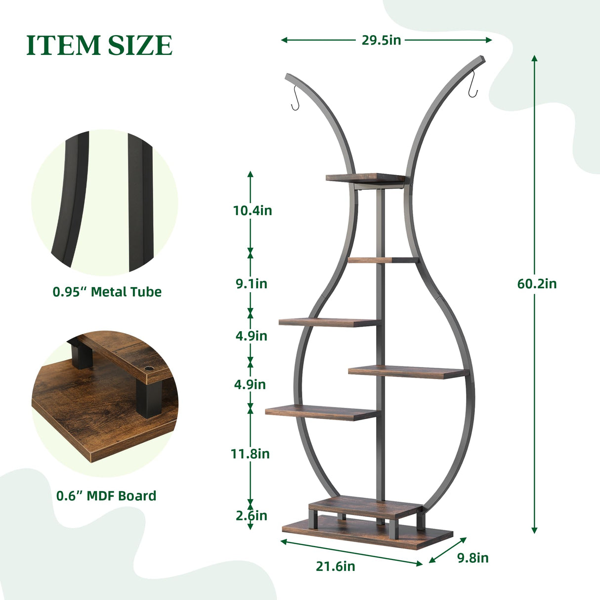 6 Tier Tall Plant Stand Indoor, Vase-Shape Metal Plant Shelf with Hanging Hook