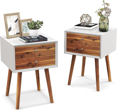 Nightstand with 2 Drawers Set of 2, Mid Century Modern Bedside Table with Solid Wood