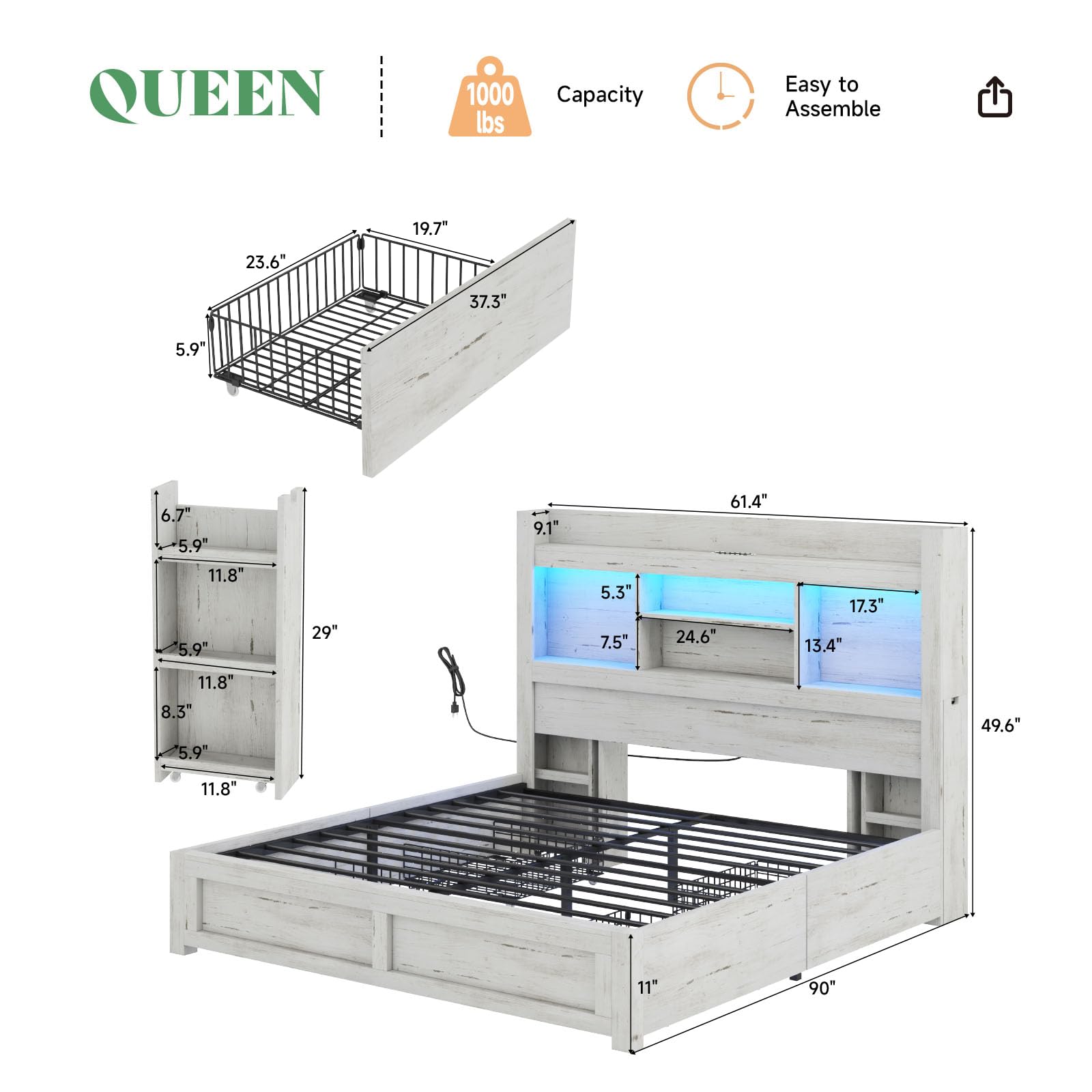 Queen Bed Frame with 4 Storage Drawer, LED Bed Frame with 49.6" Tall Bookcase