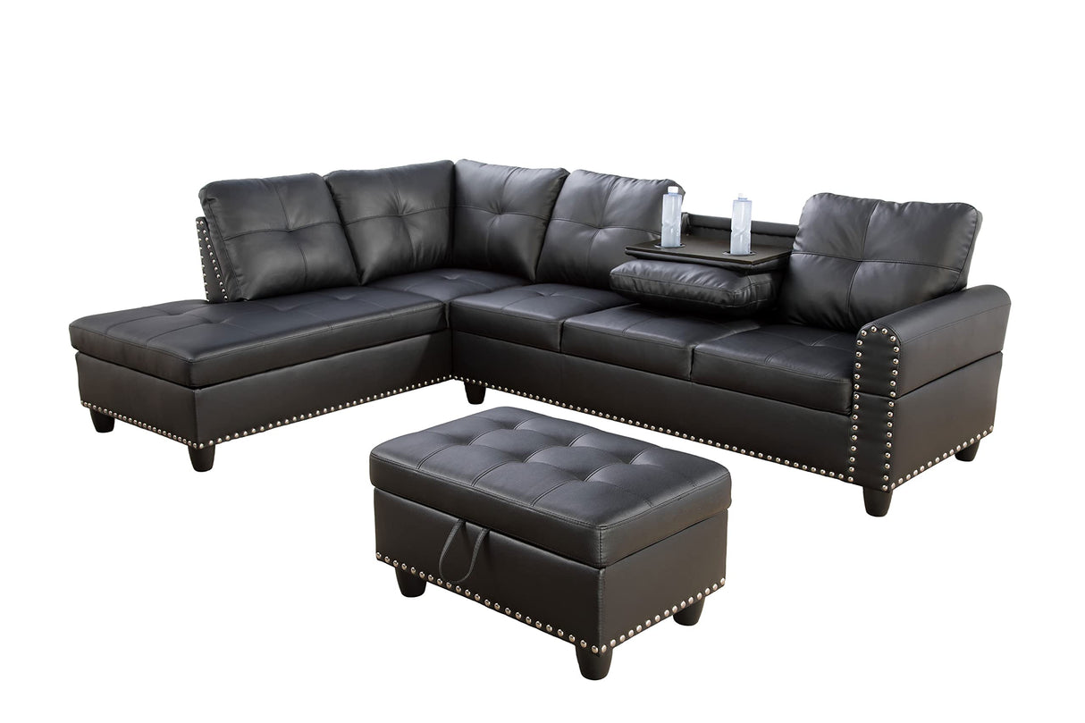 Faux Leather L-Shaped Sectional Sofa with Storage Ottoman, Nailhead Rivet Hemming