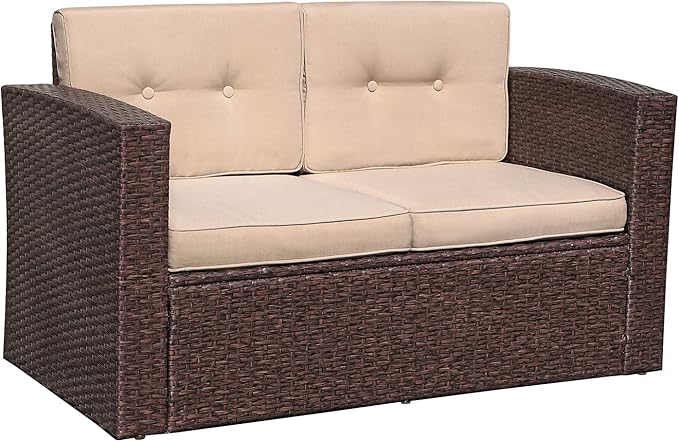 Outdoor Wicker Loveseat Patio Furniture, Rattan Corner Sofa Chair with Beige Cushions