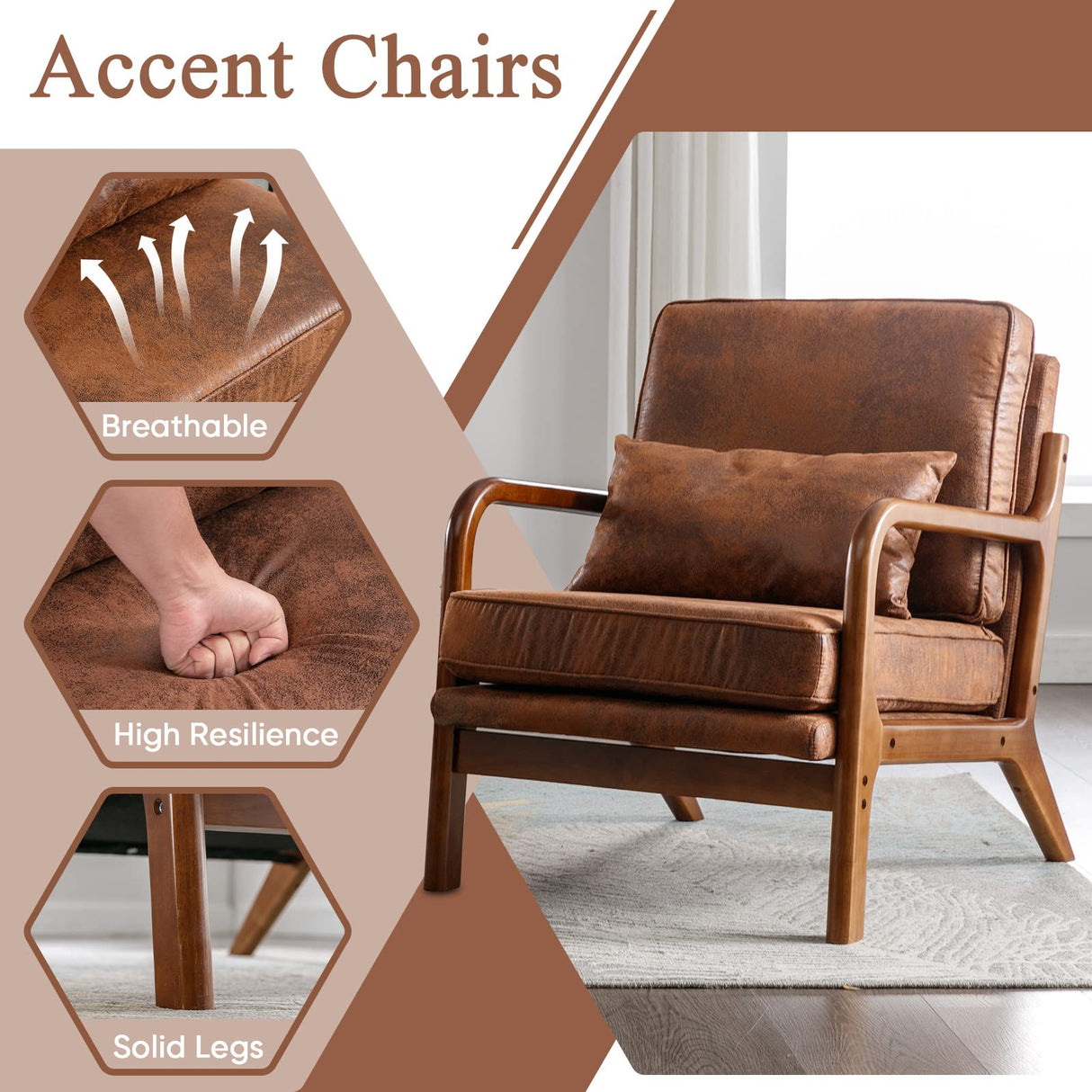 Modern Accent Chair Set of 2 Living Room- Comfy Solid Wood Arm Chair with Lumber Pillow Lounge Decorative Brown Leather Office Side Chair Bedroom Reading Nook Sillas De Sala Microfiber