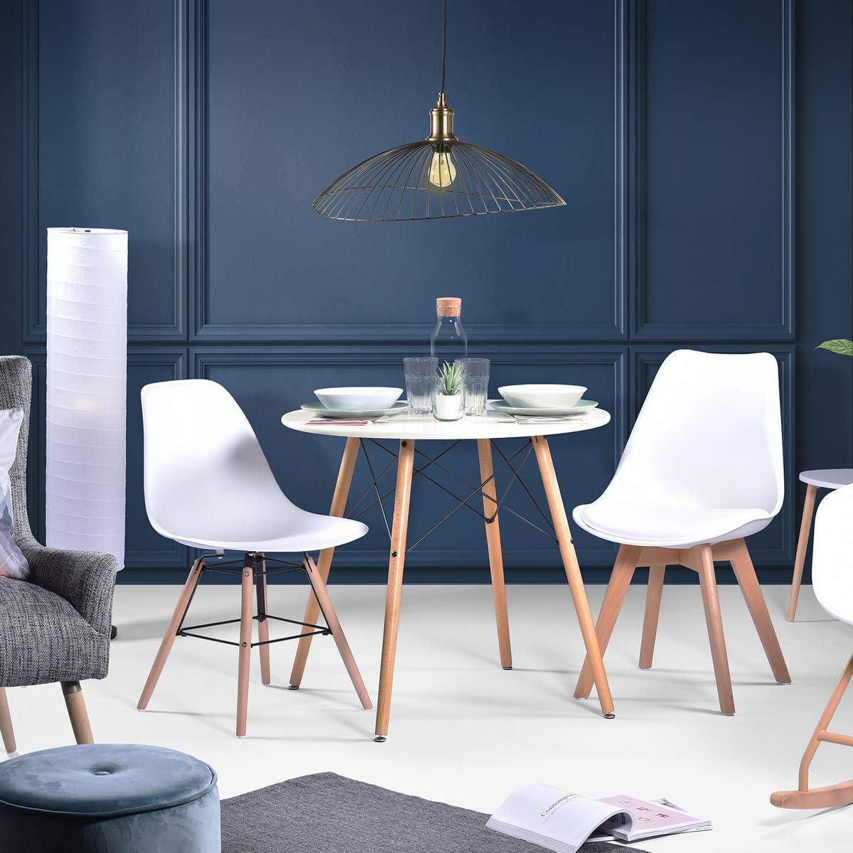 Modern Dining Table, Round Engineered Wood Top, MDF, 32' Dia, 28.34' H, White, 2 Seats