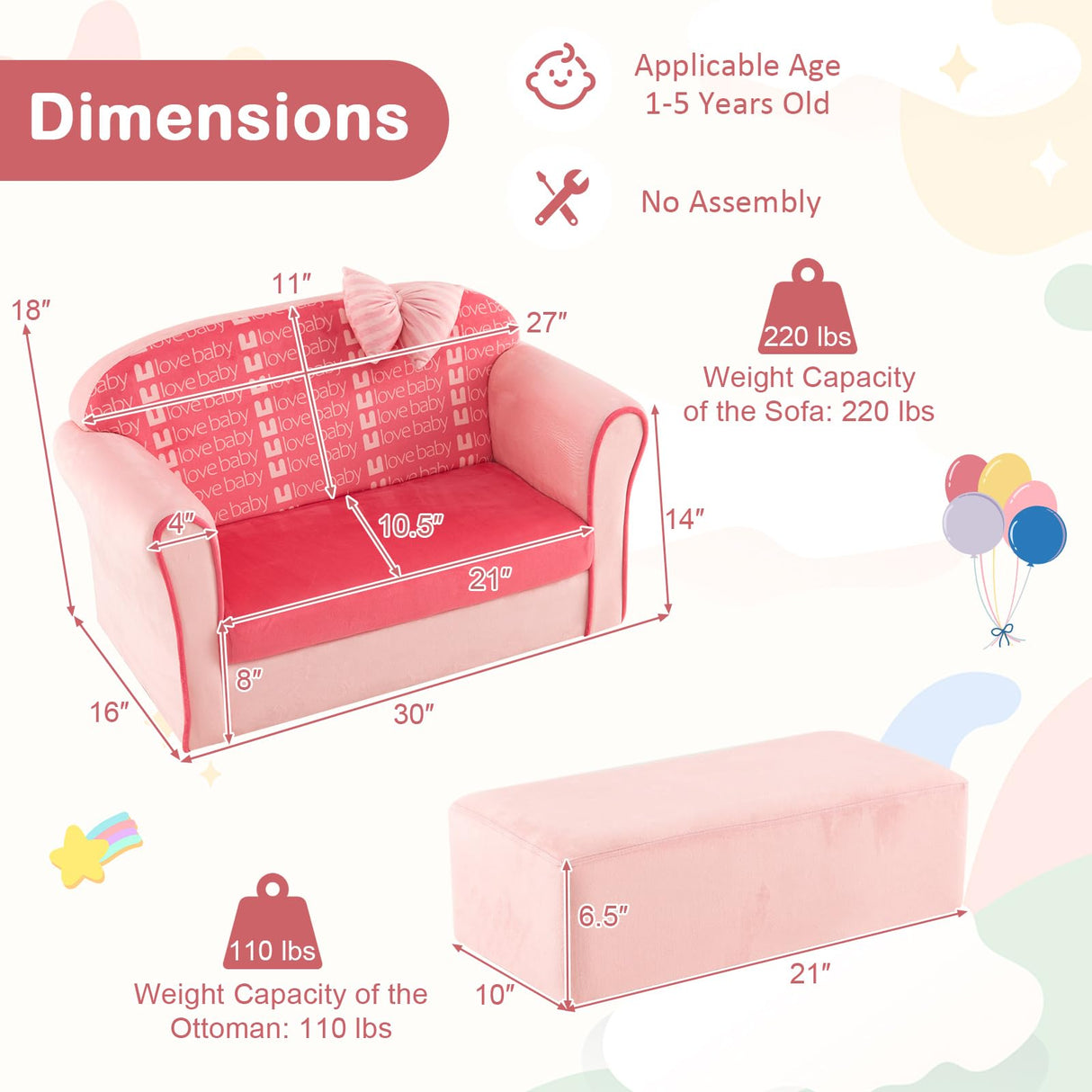 Pink Toddler Couch, Comfy Kids Chair w/Ottoman, Cute Bow, Lightweight Kids Playroom Furniture w/Velvet Cover & Wooden Frame, Princess Style Loveseat for Bedroom, Kids Sofa for Girls Boys