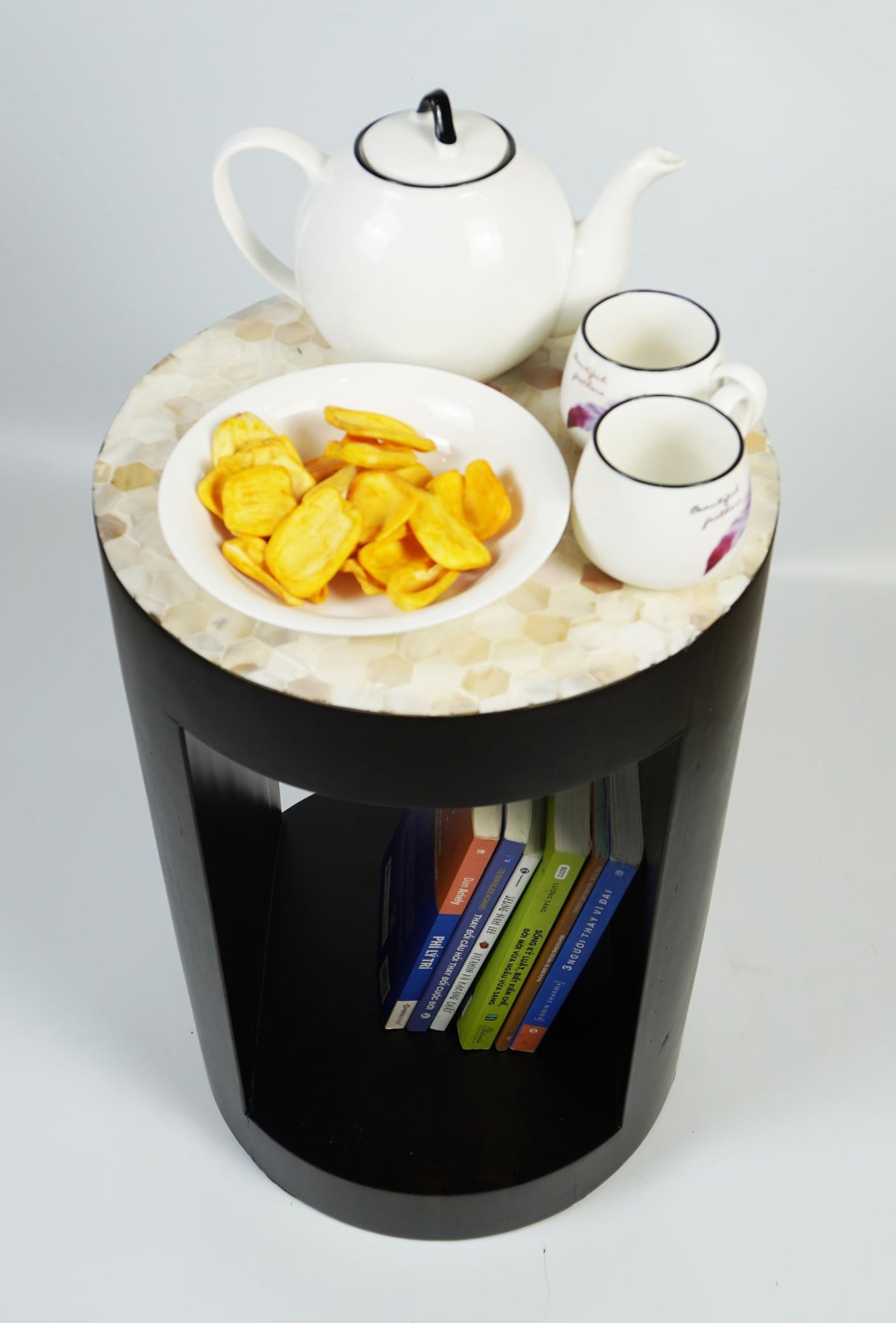 Mother of Pearl Round End Table with Storage Shelf for Living Room, Bedroom Side Table.