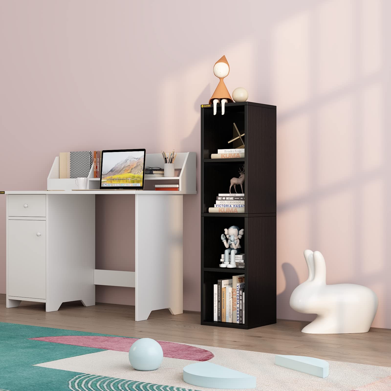 4 Cube Small Bookshelf, Narrow Storage Organizer Shelf, Wooden Corner Bookcase,