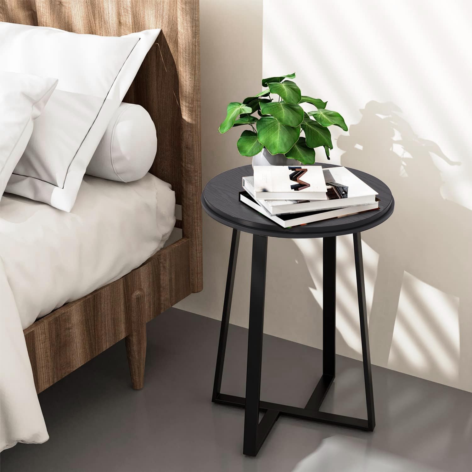 Round End Table, Small Side Table Black Color MDF Top, Metal Frame Black