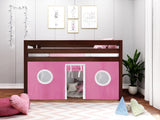 Contemporary Low Loft Twin Bed with End Ladder, Cherry with Pink & White Tent