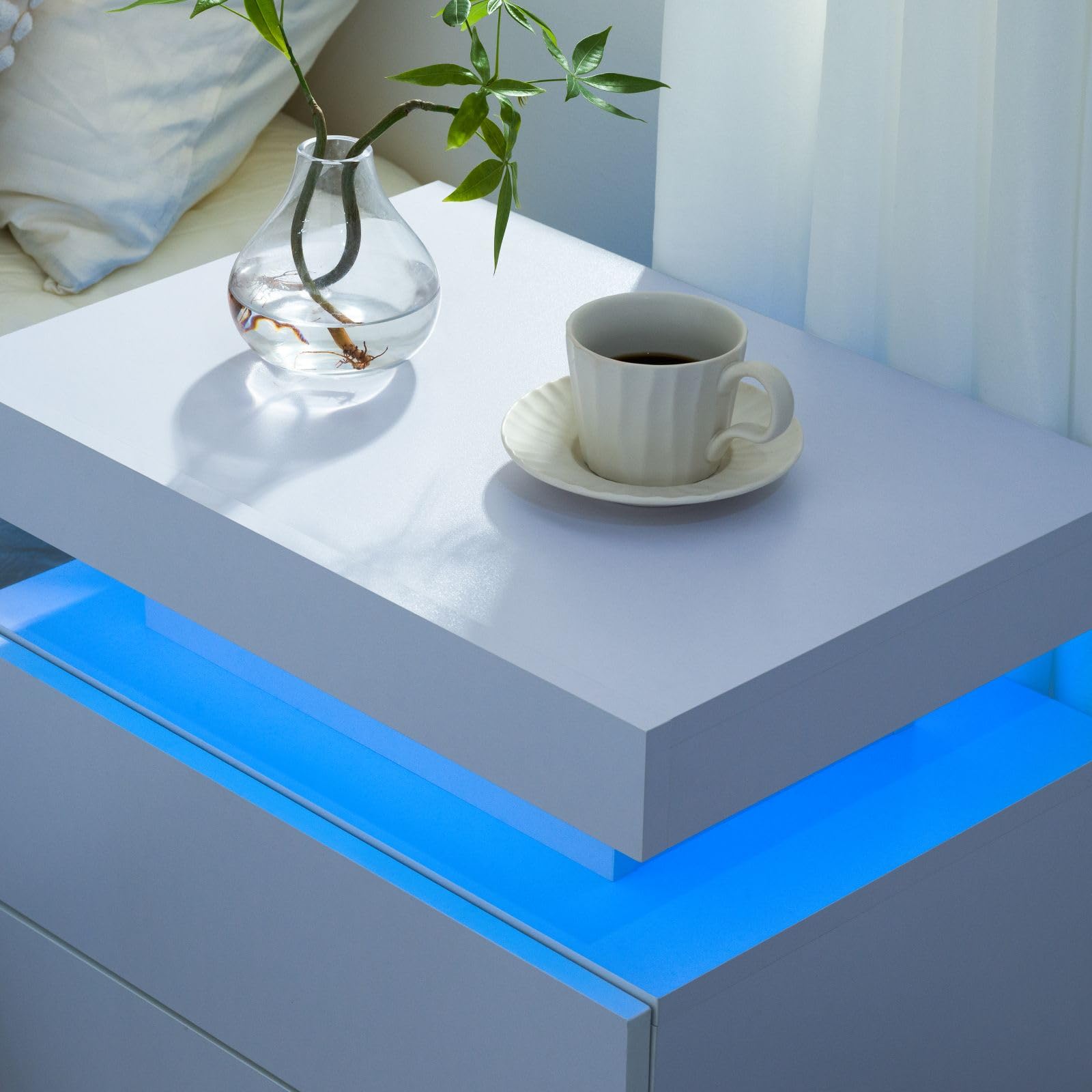 White Nightstand LED Bedside Table for Bedroom Modern Night Stand with 2 Wood Drawers